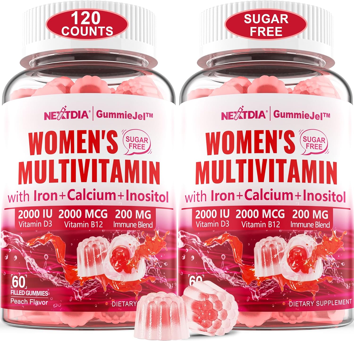 Sugar-Free Women's Multivitamin Gummies with Algae Calcium, Vitamin A, C, E, B12, D3 K2, Iron, Folate, Biotin, Inositol - 120 Vegan Capsules for Energy, Immunity, Blood & Bone Health