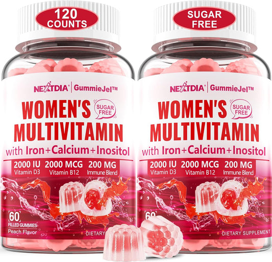 Sugar-Free Women's Multivitamin Gummies with Algae Calcium, Vitamin A, C, E, B12, D3 K2, Iron, Folate, Biotin, Inositol - 120 Vegan Capsules for Energy, Immunity, Blood & Bone Health
