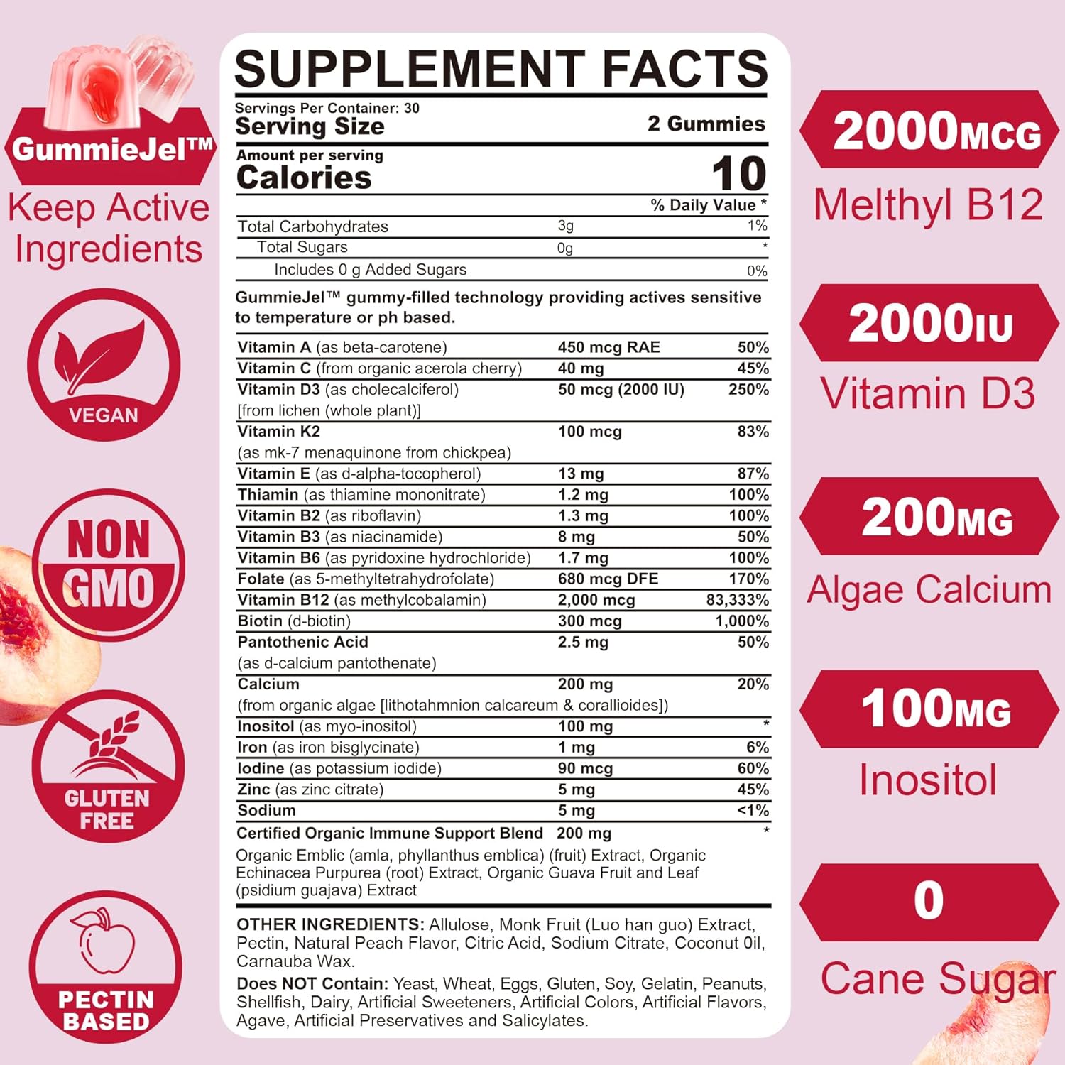 Sugar-Free Women's Multivitamin Gummies with Algae Calcium, Vitamin A, C, E, B12, D3 K2, Iron, Folate, Biotin, Inositol - 120 Vegan Capsules for Energy, Immunity, Blood & Bone Health