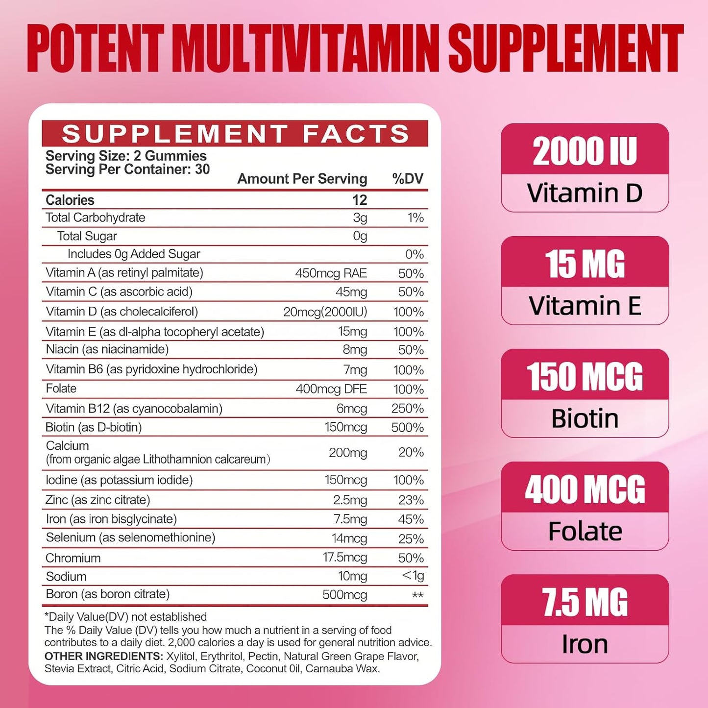 Sugar-Free Women's Multivitamin Gummies with Vitamins A, C, D, E, B6, B12, Iron, Calcium, Zinc - Skin, Hair, Energy, & Immune Support