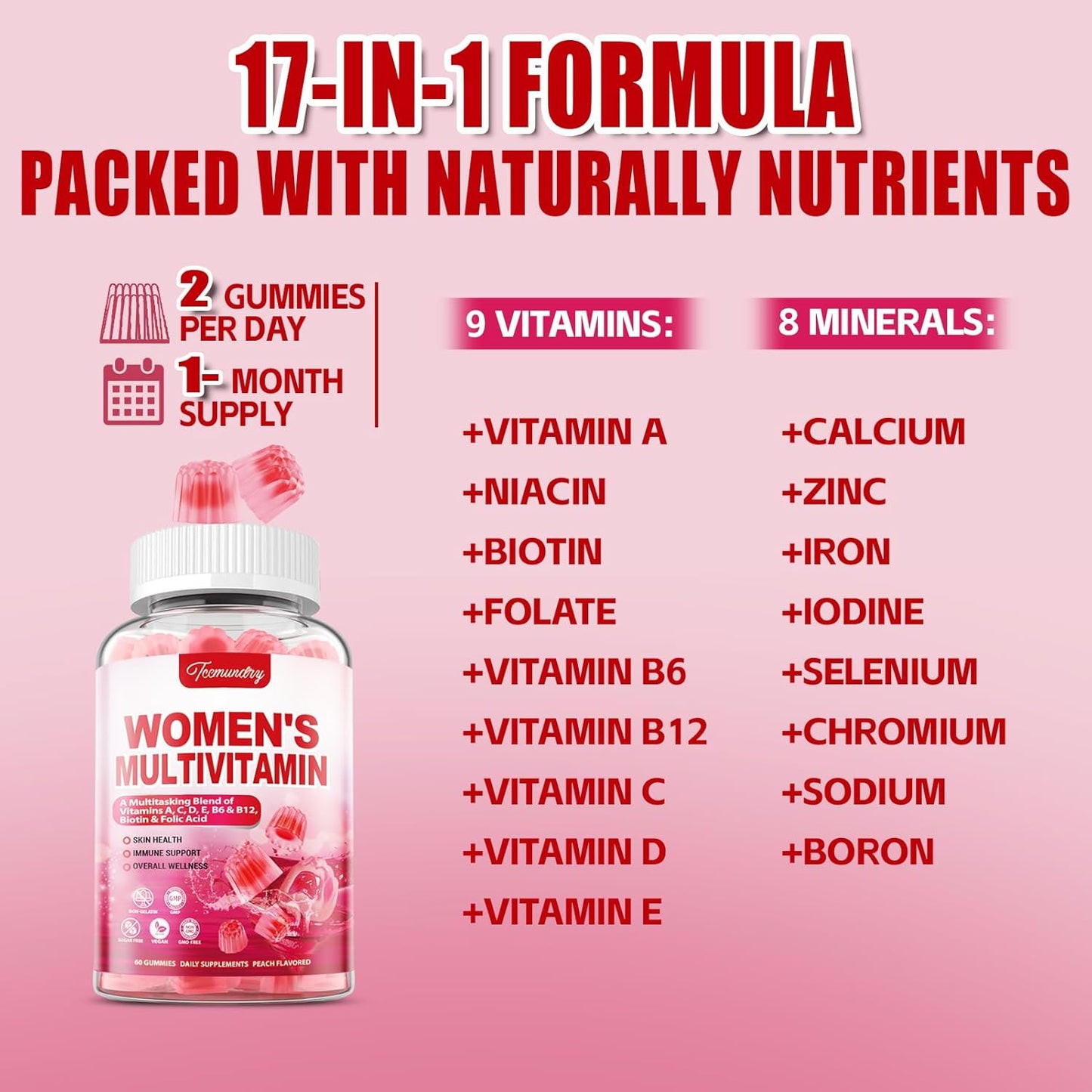 Sugar-Free Women's Multivitamin Gummies with Vitamins A, C, D, E, B6, B12, Iron, Calcium, Zinc - Boosts Skin, Hair, Energy, and Immunity - Multivitamins and Minerals for Women