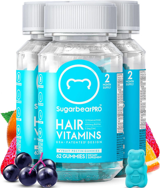 SugarbearPro Hair Vitamin Gummy 6 Month Supply - Extra Strength Biotin 6000mcg - Growth for Men & Women - Vegan B12, MSM, Inositol, Omega 3 - Elderberry - Certified Kosher, Halal, Cruelty-Free