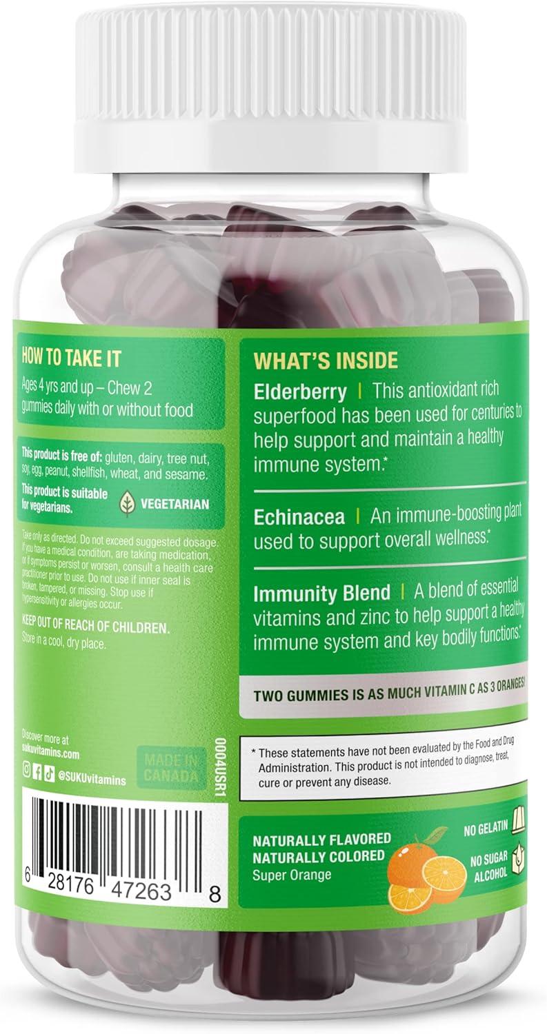 SUKU Kids Super Immunity Gummies - Elderberry, Echinacea, Vitamin A, Zinc - Easy to Chew - Non GMO, Gluten & Sugar Free - Pomegranate Lime, 50 Count