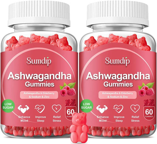 SumDIP Ashwagandha Gummies with Elderberry, Zinc, Vitamin C - Natural Root Extract Supplement for Women and Men - Low Sugar - 2 Pack
