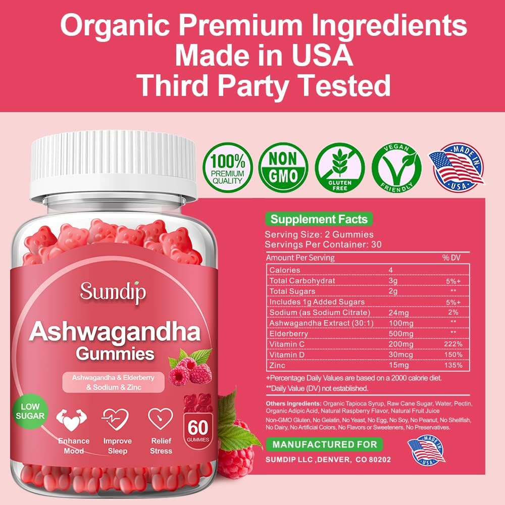 SumDIP Ashwagandha Gummies with Elderberry, Zinc, Vitamin C - Natural Root Extract Supplement for Women and Men - Low Sugar - 2 Pack