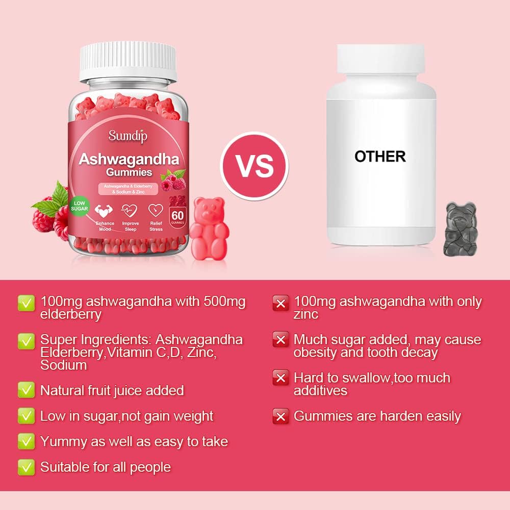 SumDIP Ashwagandha Gummies with Elderberry, Zinc, Vitamin C - Natural Root Extract Supplement for Women and Men - Low Sugar - 2 Pack