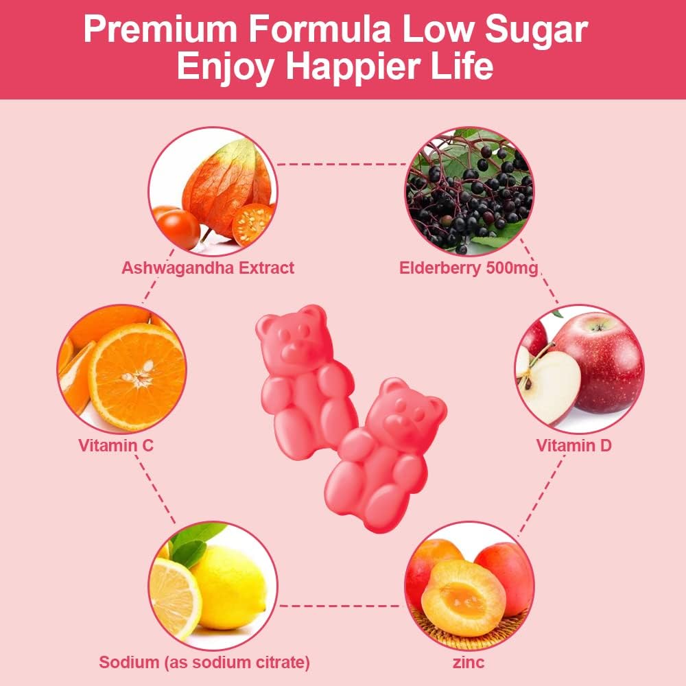 SumDIP Ashwagandha Gummies with Elderberry, Zinc, Vitamin C - Natural Root Extract Supplement for Women and Men - Low Sugar - 2 Pack