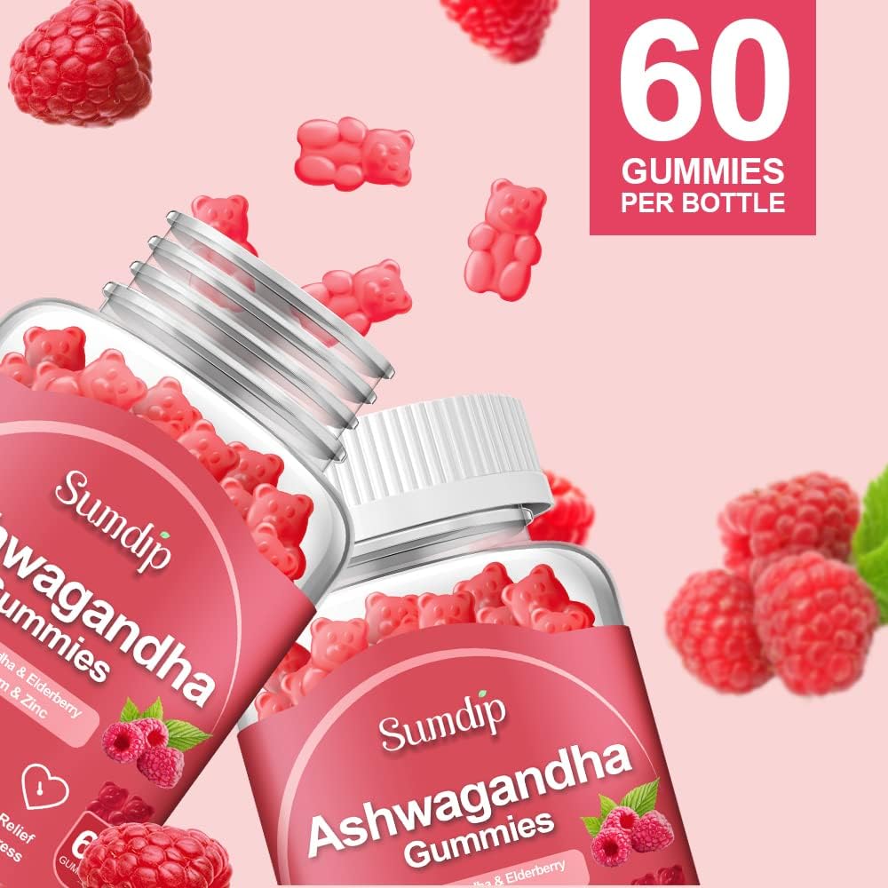 SumDIP Ashwagandha Gummies with Elderberry, Zinc, Vitamin C - Natural Root Extract Supplement for Women and Men - Low Sugar - 2 Pack