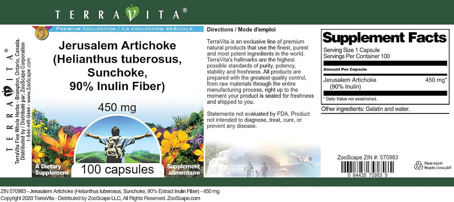 Sunchoke Capsules - 450mg (100 Count) - Rich in 90% Inulin Fiber - Jerusalem Artichoke Supplement - Pack of 3