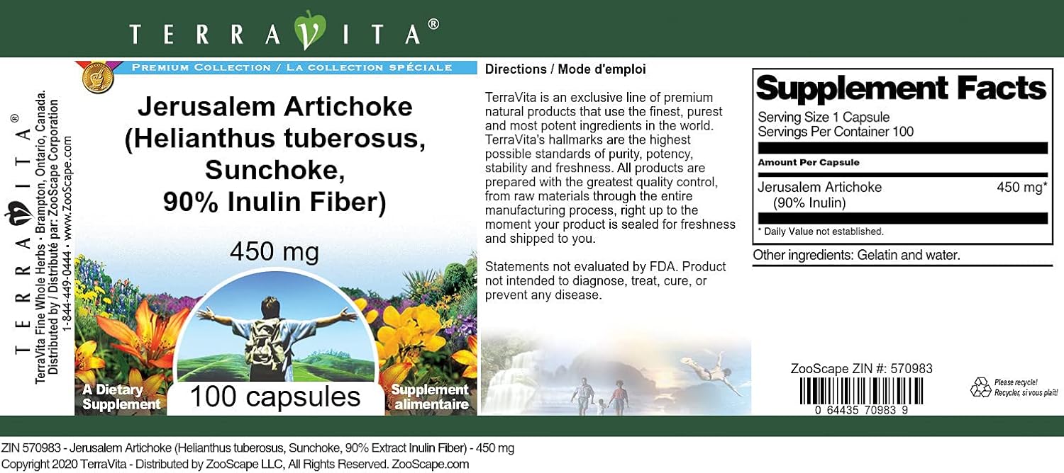 Sunchoke Capsules, High Inulin Fiber Supplement (450mg, 100 Count) - Jerusalem Artichoke Root - Pack of 2