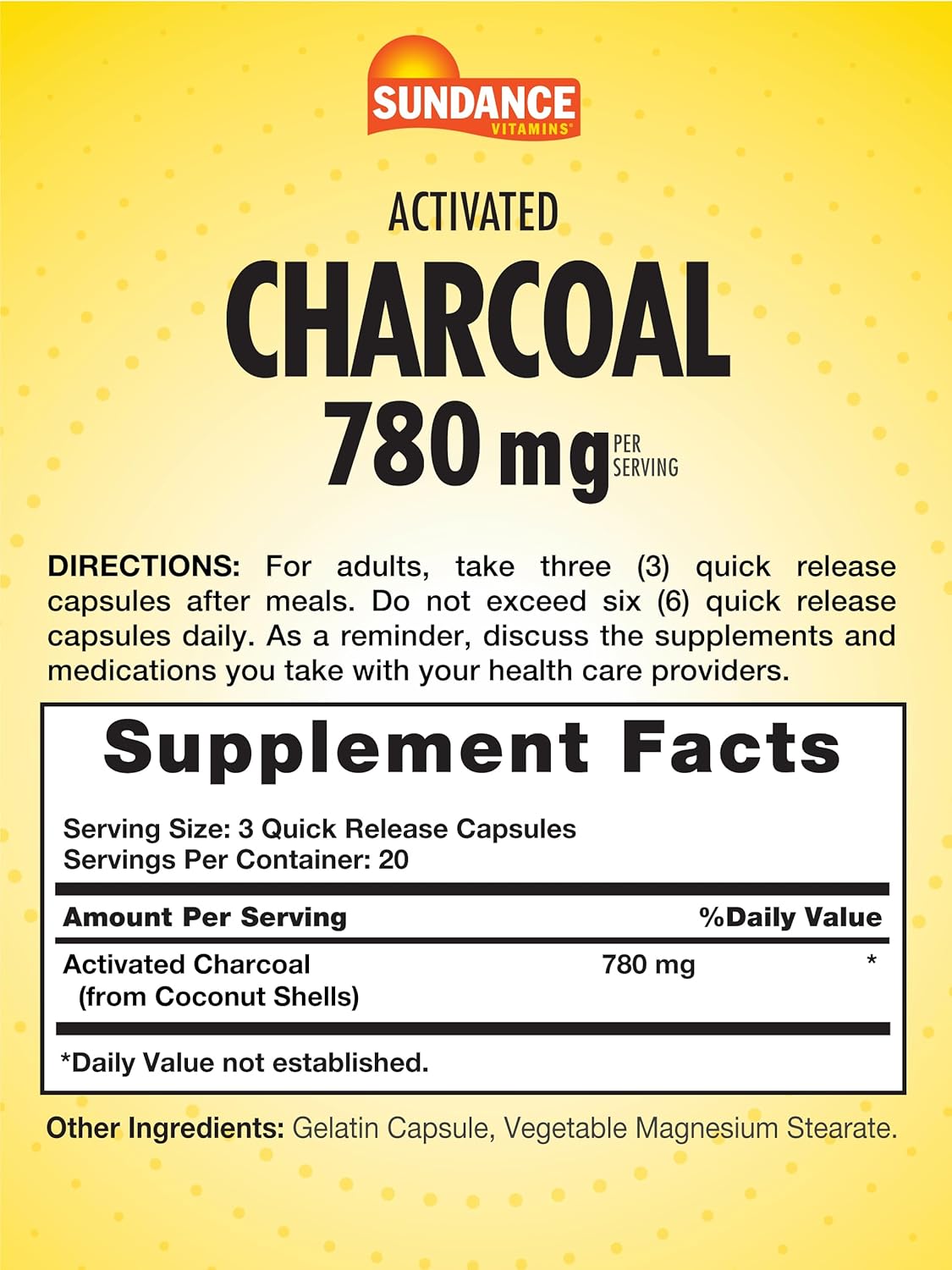 Sundance Activated Charcoal Capsules - 60 Quick Release, 780mg - Non-GMO & Gluten Free Absorbent Supplement
