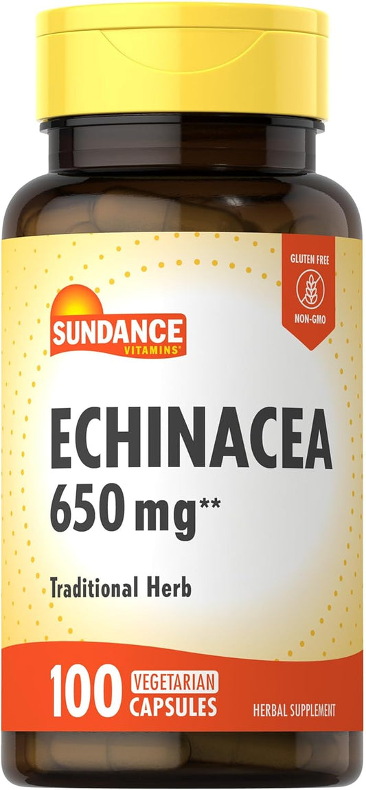 Sundance Echinacea 650mg Capsules - Traditional Herb Supplement, 100 Count, Non-GMO & Gluten Free Formula for Vegetarians