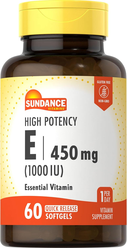 Sundance High Potency Vitamin E Softgels - 60 Count - 450mg (1000 IU) - Non-GMO & Gluten Free Formula - Essential Vitamin Supplement