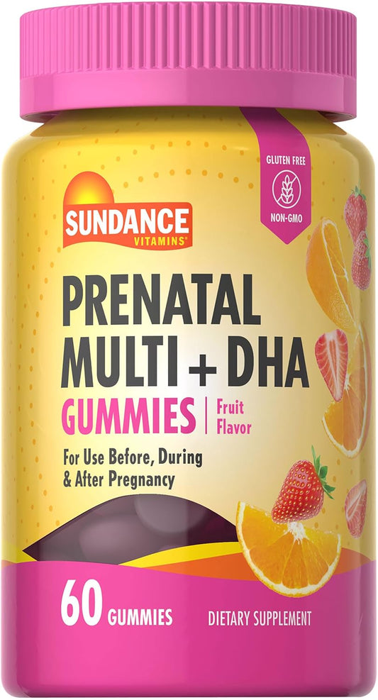 Sundance Prenatal Multivitamin Gummies with DHA & Folate - 60 Count - Fruit Flavor - Non-GMO and Gluten Free - Before, During, After Pregnancy