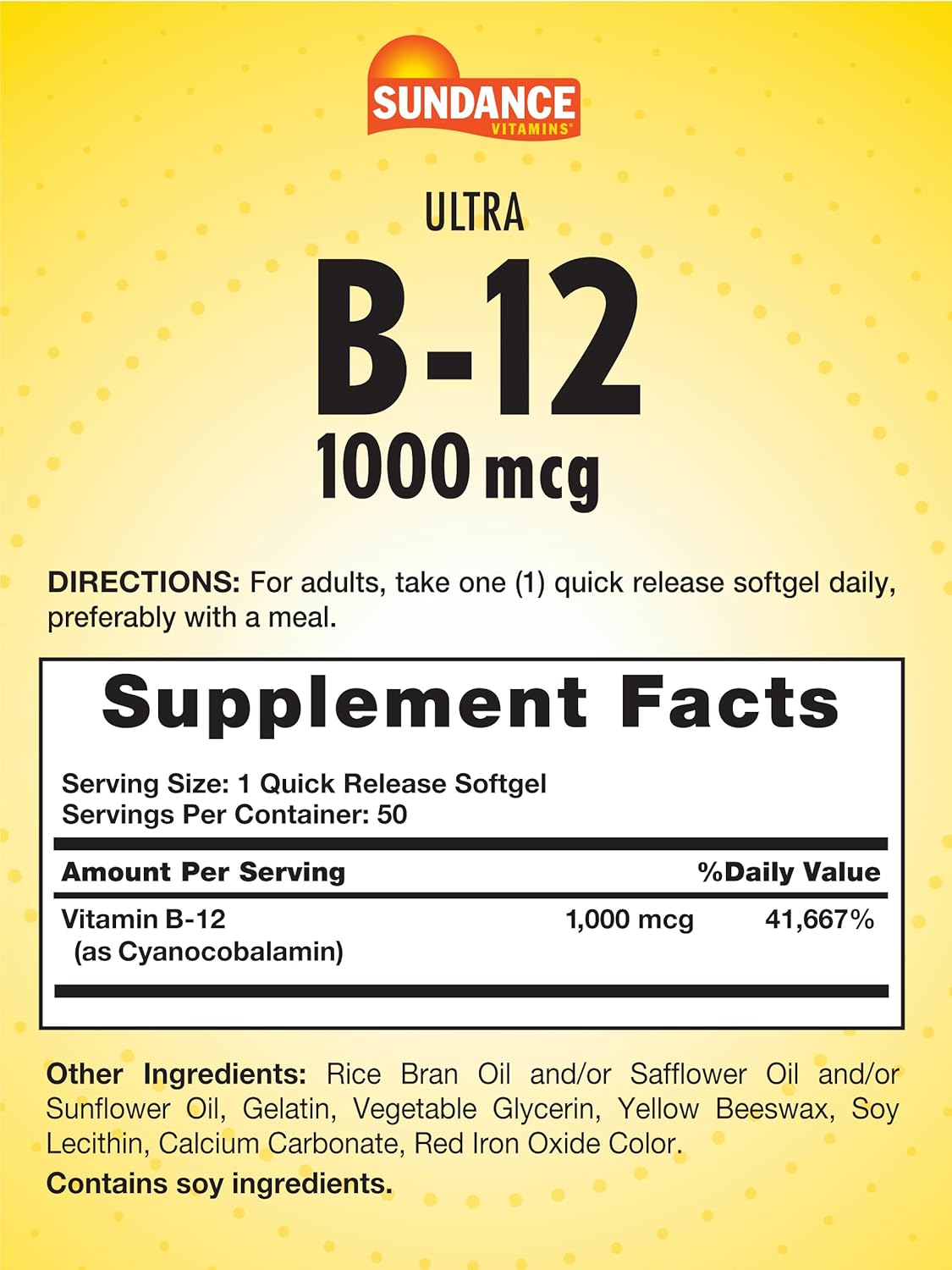 Sundance Vitamin B12 Softgels | 1000 mcg | 50 Quick Release | Non-GMO Gluten Free Supplement