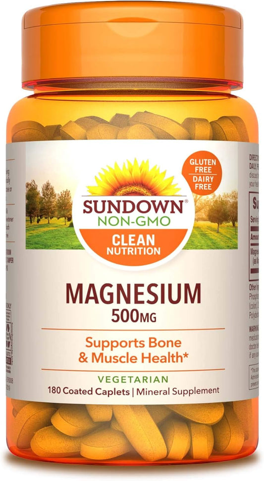 Sundown Magnesium 500mg Coated Caplets - Bone & Muscle Health Support - 180 Count - 6 Month Supply