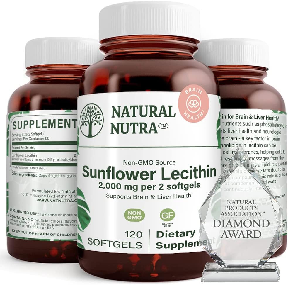 Sunflower Lecithin 2000mg Supplement - Soy & Gluten-Free, Enhances Liver Function, Supports Brain Health, Boosts Memory & Focus, 120 Softgels (3 Pack)