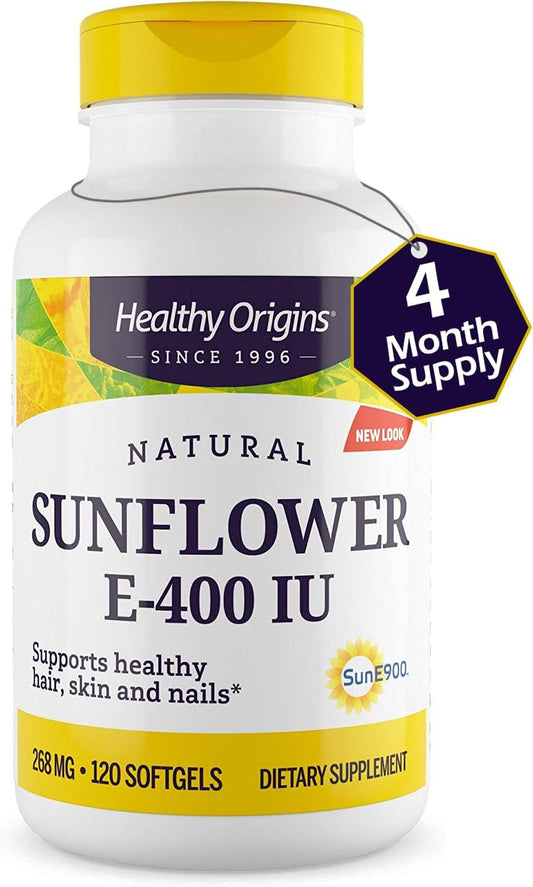 Sunflower Vitamin E Supplement for Hair, Skin & Nails - 400 IU Softgels - Non-GMO & Gluten-Free - Healthy Origins