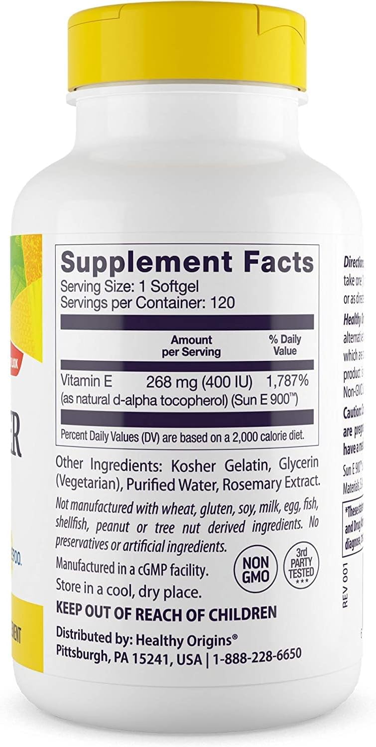 Sunflower Vitamin E Supplement for Hair, Skin & Nails - 400 IU Softgels - Non-GMO & Gluten-Free - Healthy Origins