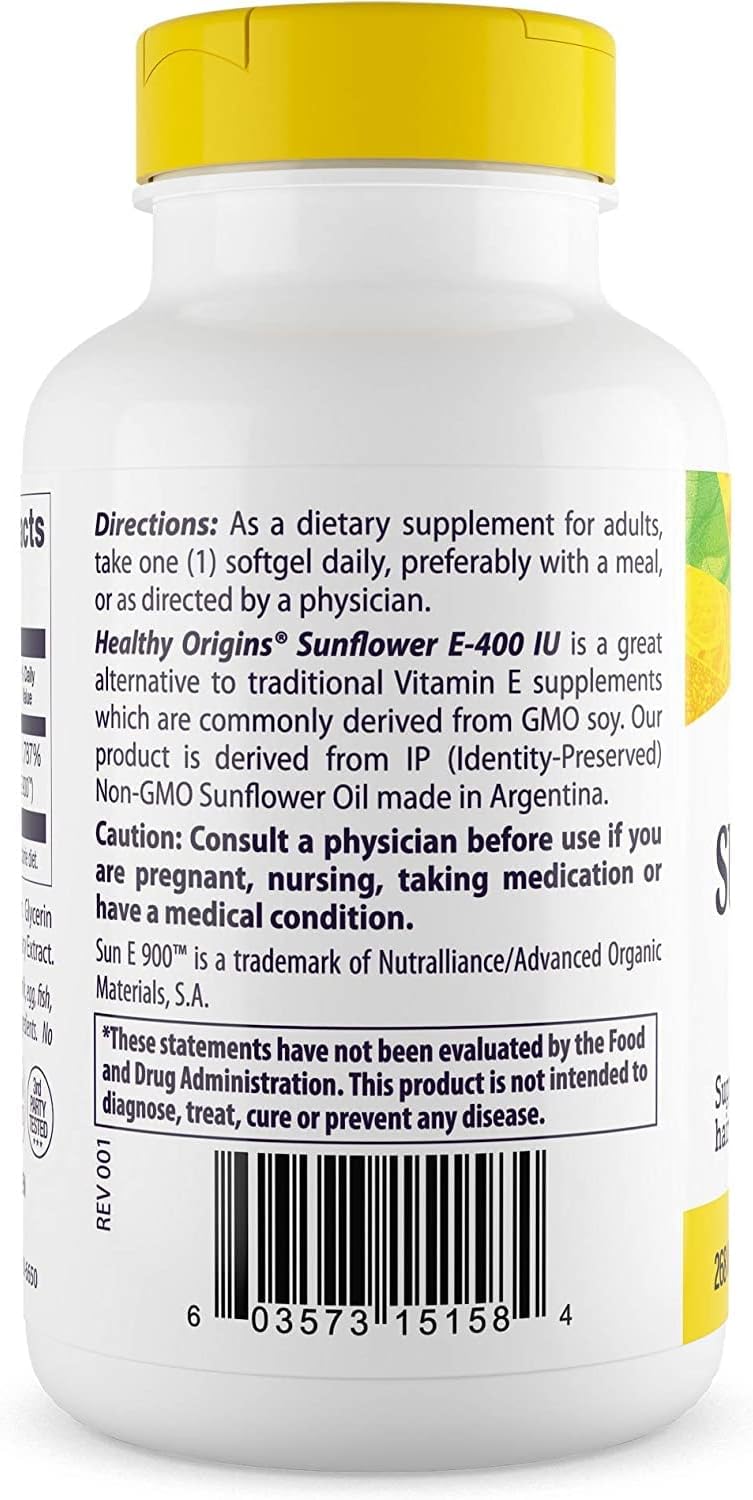 Sunflower Vitamin E Supplement for Hair, Skin & Nails - 400 IU Softgels - Non-GMO & Gluten-Free - Healthy Origins