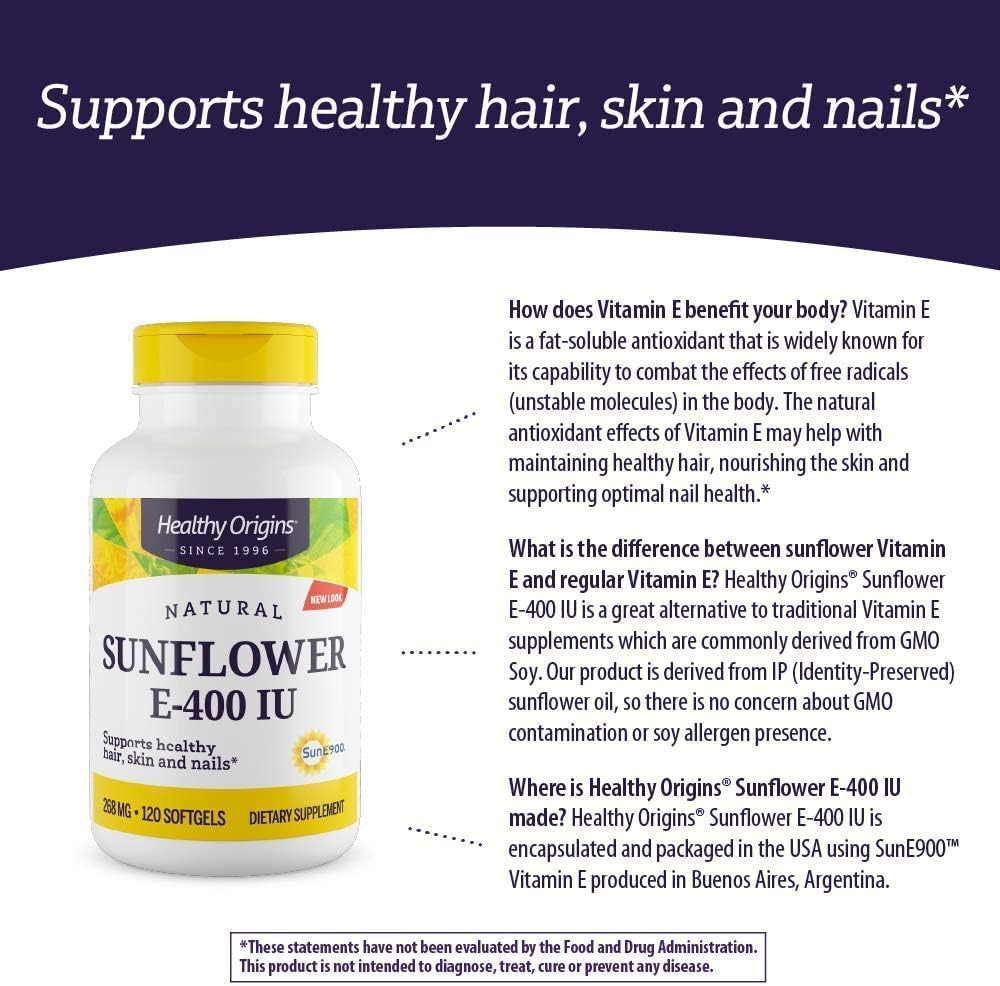 Sunflower Vitamin E Supplement for Hair, Skin & Nails - 400 IU Softgels - Non-GMO & Gluten-Free - Healthy Origins