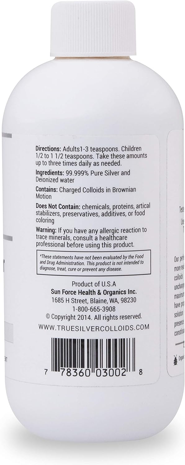 SunForce Health & Organics True Colloidal Silver Supplement - 10 ppm | Natural Health Boost for Adults and Kids (8 OZ)