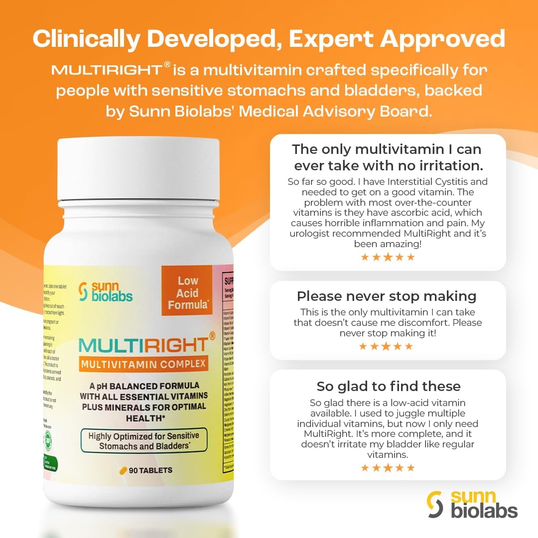 Sunn Biolabs Multiright Low Acid Multivitamin for Sensitive Stomachs & Bladders | 14 Vitamins & Minerals | pH Balanced & Easy on Digestion | Buffered Vitamin C | 270 Tablets
