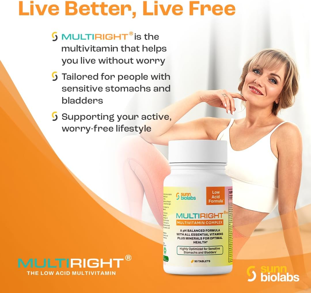 Sunn Biolabs Multiright Low Acid Multivitamin for Sensitive Stomachs & Bladders | 14 Vitamins & Minerals | pH Balanced & Easy on Digestion | Buffered Vitamin C | 270 Tablets