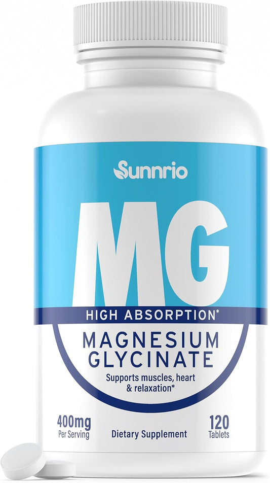 Sunnrio 400mg Magnesium Glycinate Supplement for Muscle, Heart Health, Sleep & Relaxation - Non-GMO, Gluten-Free, Vegan - 120 Tablets
