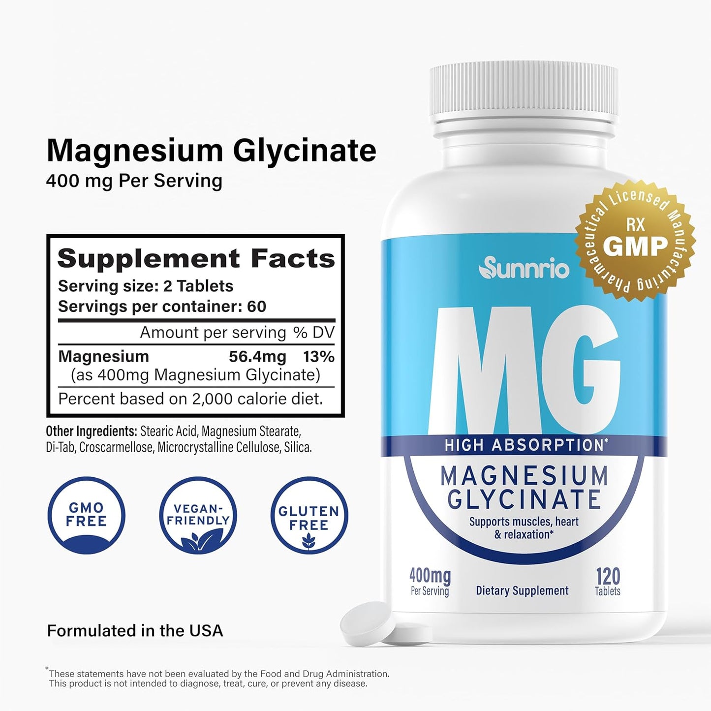 Sunnrio 400mg Magnesium Glycinate Supplement for Muscle, Heart Health, Sleep & Relaxation - Non-GMO, Gluten-Free, Vegan - 120 Tablets