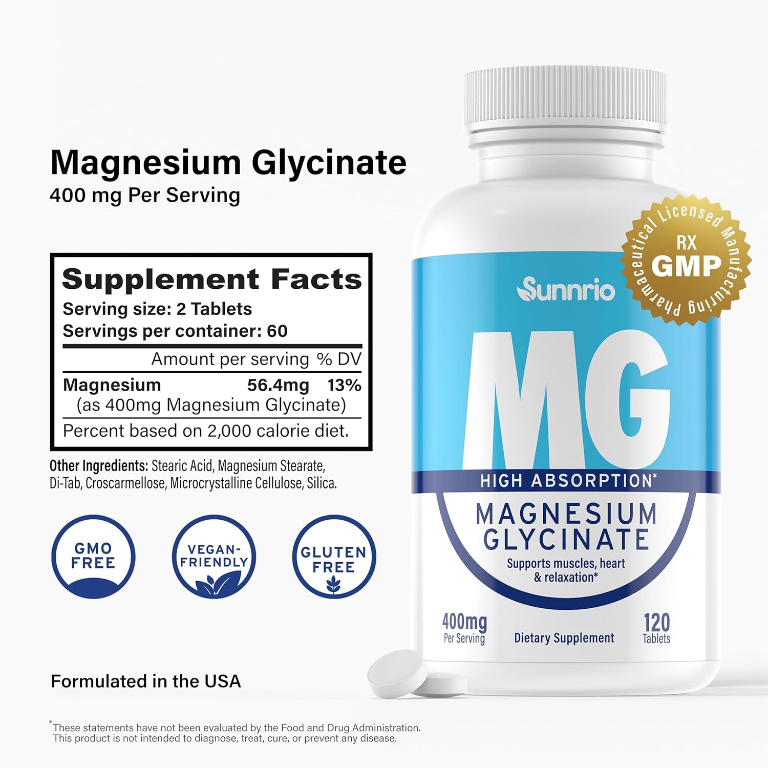 Sunnrio 400mg Magnesium Glycinate Supplement for Muscle, Heart Health, Sleep & Relaxation - Non-GMO, Gluten-Free, Vegan - 120 Tablets