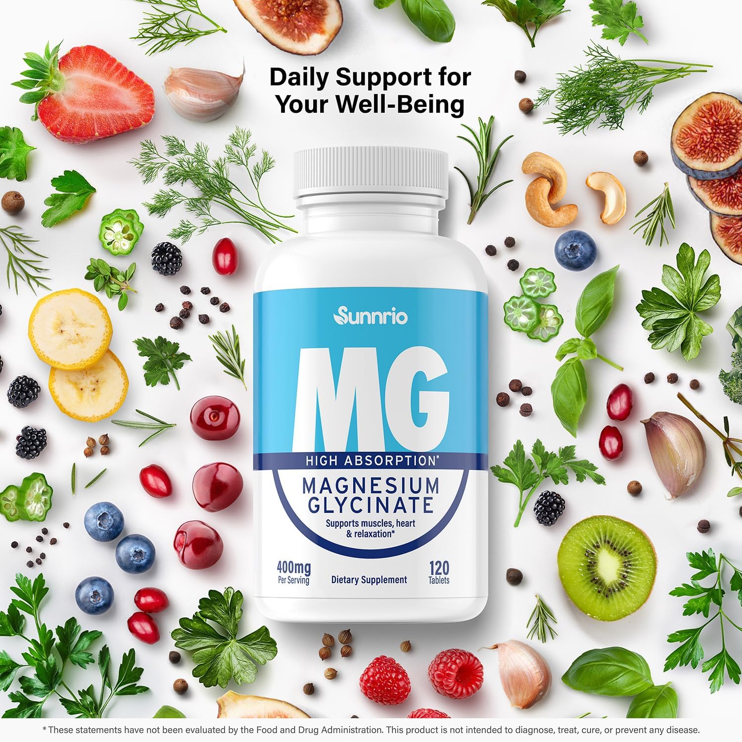 Sunnrio 400mg Magnesium Glycinate Supplement for Muscle, Heart Health, Sleep & Relaxation - Non-GMO, Gluten-Free, Vegan - 120 Tablets