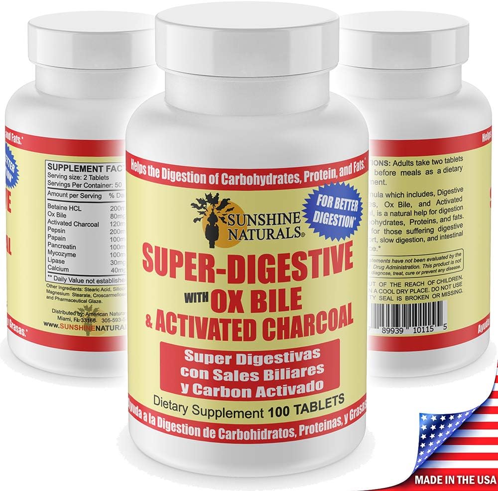 Sunshine Naturals Digestive Support Supplement with Ox Bile & Activated Charcoal - 100 Tablets for Bloating Relief & Nutrient Absorption