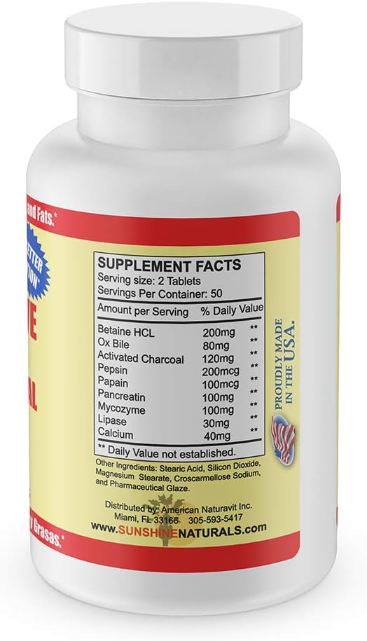 Sunshine Naturals Digestive Support Supplement with Ox Bile & Activated Charcoal - 100 Tablets for Bloating Relief & Nutrient Absorption