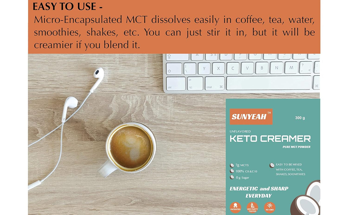 SUNYEAH MCT Oil Powder Coffee Creamer, Pure C8 C10, No Sugar, 300g - Coconut-Derived, Ideal for Coffee, Tea, Shakes, Smoothies - Unflavored, Non-GMO