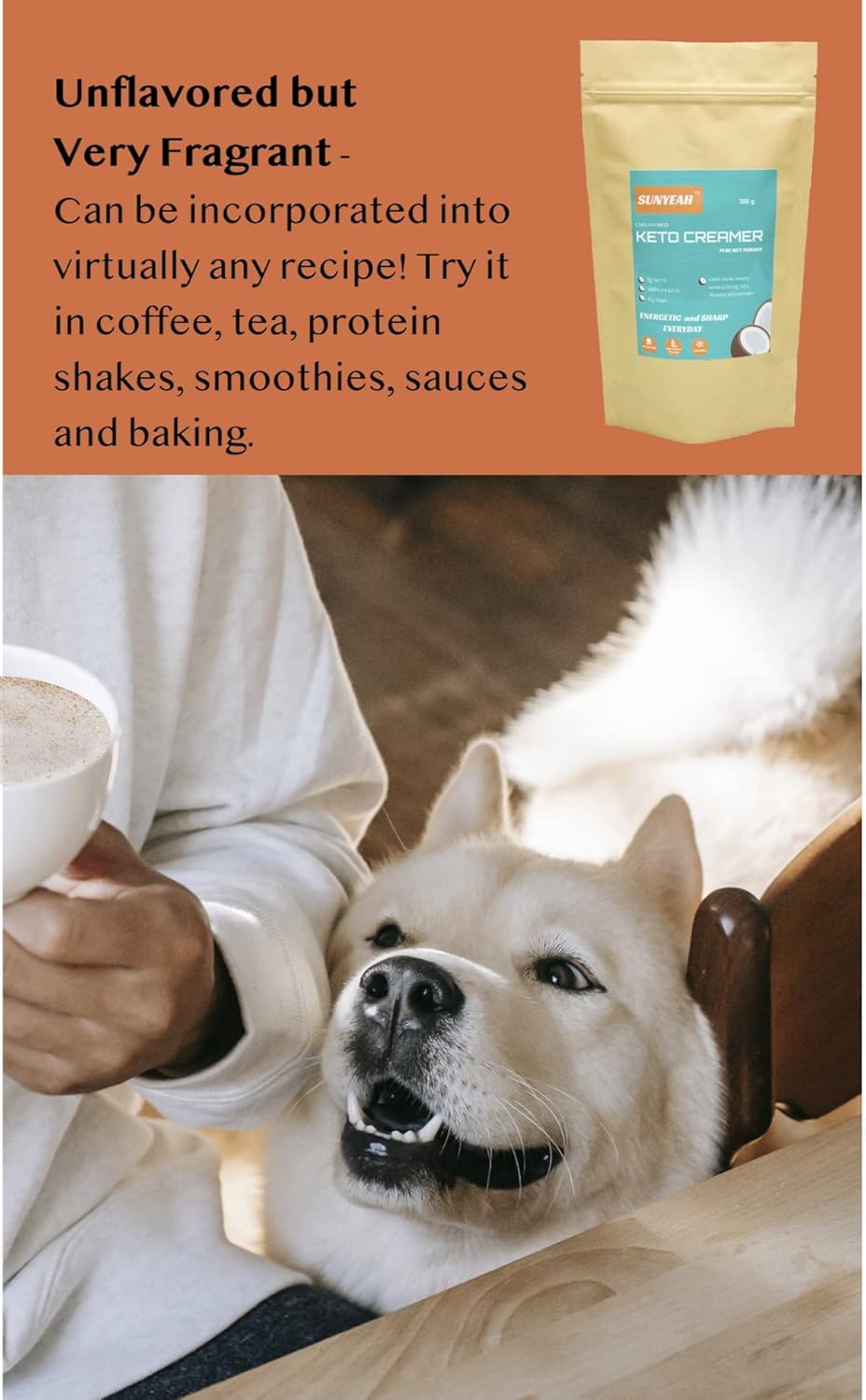 SUNYEAH MCT Oil Powder Coffee Creamer, Pure C8 C10, No Sugar, 300g - Coconut-Derived, Ideal for Coffee, Tea, Shakes, Smoothies - Unflavored, Non-GMO