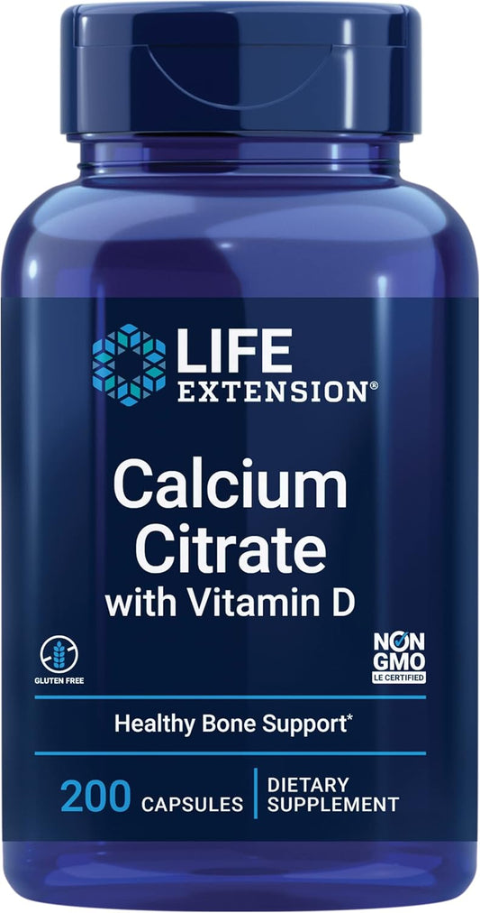 Super-absorbable Calcium Citrate with Vitamin D for Optimal Bone Health - 200 Capsules (Gluten-Free, Non-GMO)