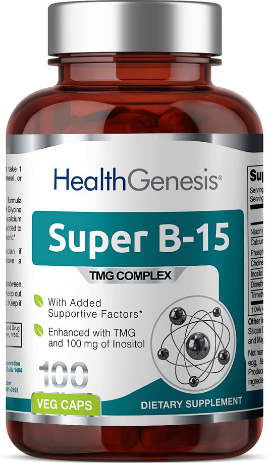 Super B-15 Vitamin Complex with Niacin, Choline, Inositol, DMG, TMG for Healthy Oxygen Energy Levels - 100 Vcaps