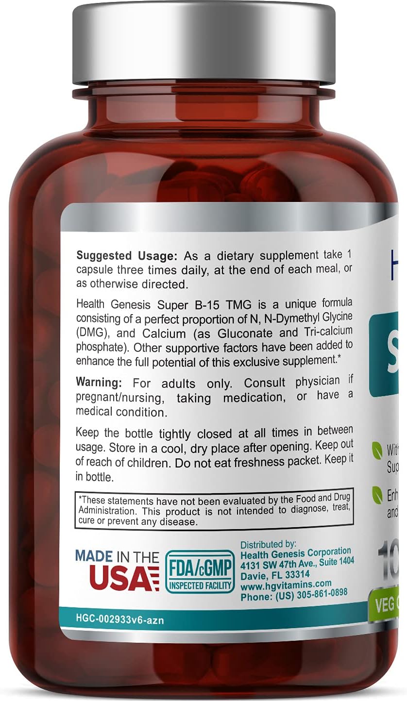 Super B-15 Vitamin Complex with Niacin, Choline, Inositol, DMG, TMG for Healthy Oxygen Energy Levels - 100 Vcaps