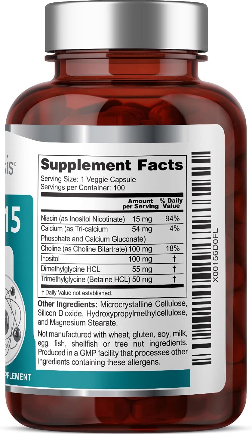 Super B-15 Vitamin Complex with Niacin, Choline, Inositol, DMG, TMG for Healthy Oxygen Energy Levels - 100 Vcaps