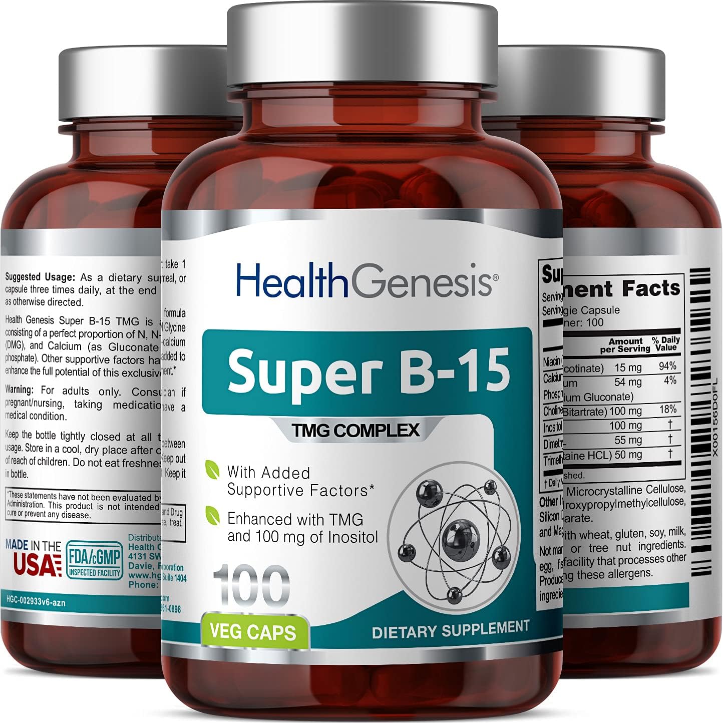 Super B-15 Vitamin Complex with Niacin, Choline, Inositol, DMG, TMG for Healthy Oxygen Energy Levels - 100 Vcaps