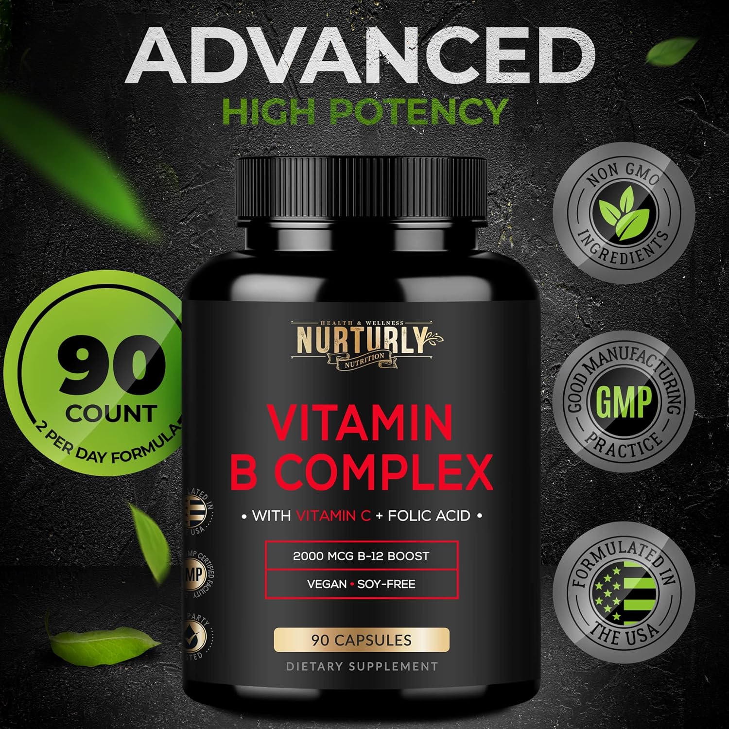 Super B Complex Vitamins with Vitamin C - 90 Capsules for Energy, Immunity, and Mood Support