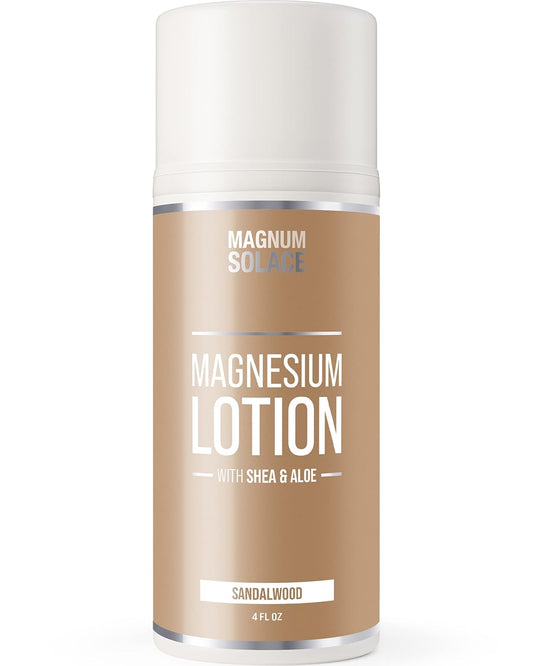 Super Concentrated Magnum Solace Magnesium Lotion with Aloe and Shea - Relieves Leg Cramps, Sore Muscles, Joints - Safe for Kids - Made in USA - Sandalwood