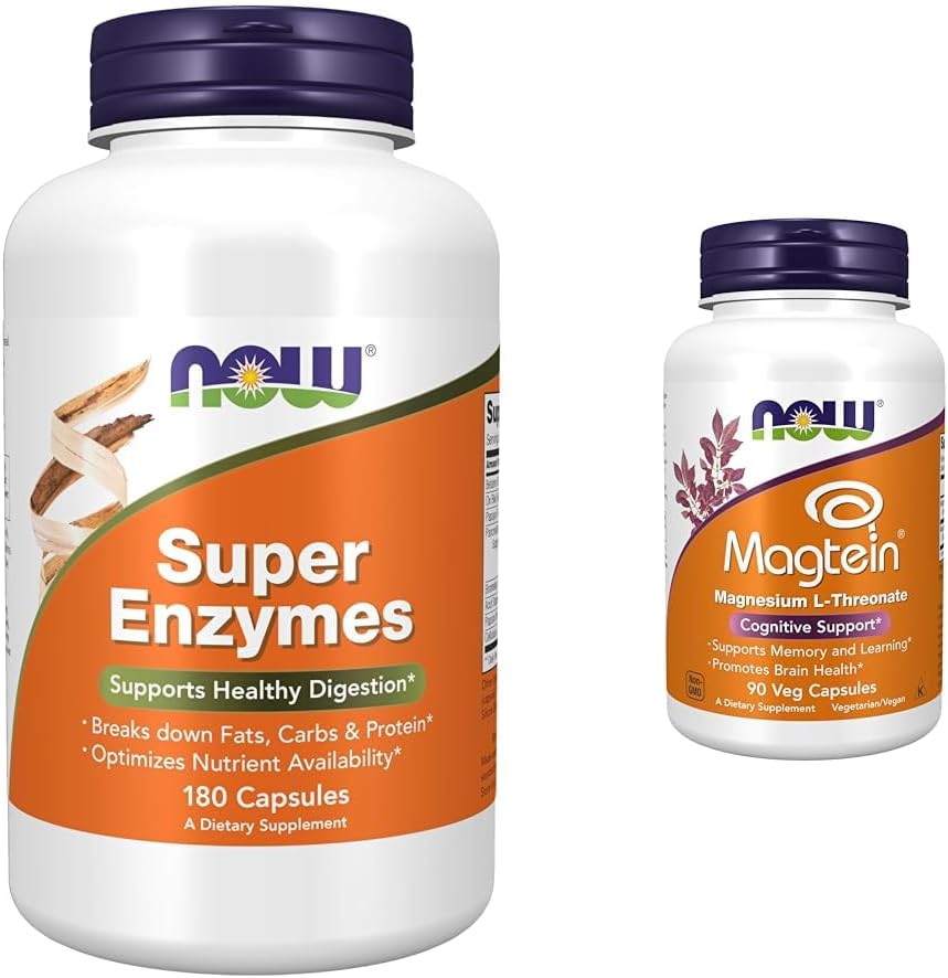 Super Enzymes with Bromelain, Ox Bile, Pancreatin, Papain - 180 Capsules, Cognitive Support with Magtein™ Magnesium - 90 Veg Capsules
