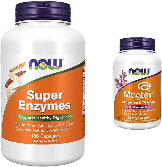 Super Enzymes with Bromelain, Ox Bile, Pancreatin, Papain - 180 Capsules, Cognitive Support with Magtein™ Magnesium - 90 Veg Capsules