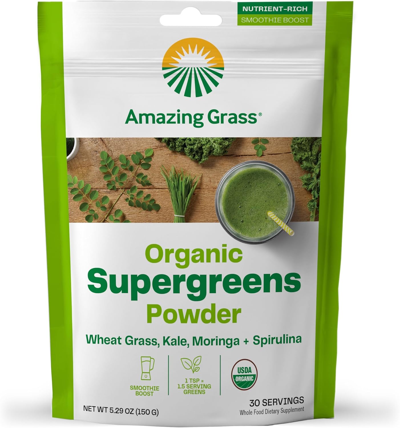 Super Greens Booster Powder: Spirulina, Moringa, Wheat Grass, Kale, Chlorophyll - 30 Servings