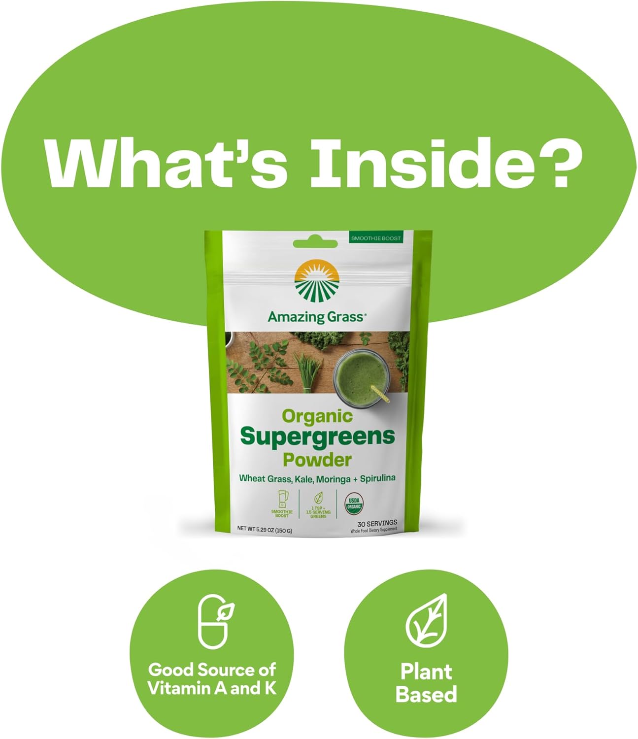 Super Greens Booster Powder: Spirulina, Moringa, Wheat Grass, Kale, Chlorophyll - 30 Servings
