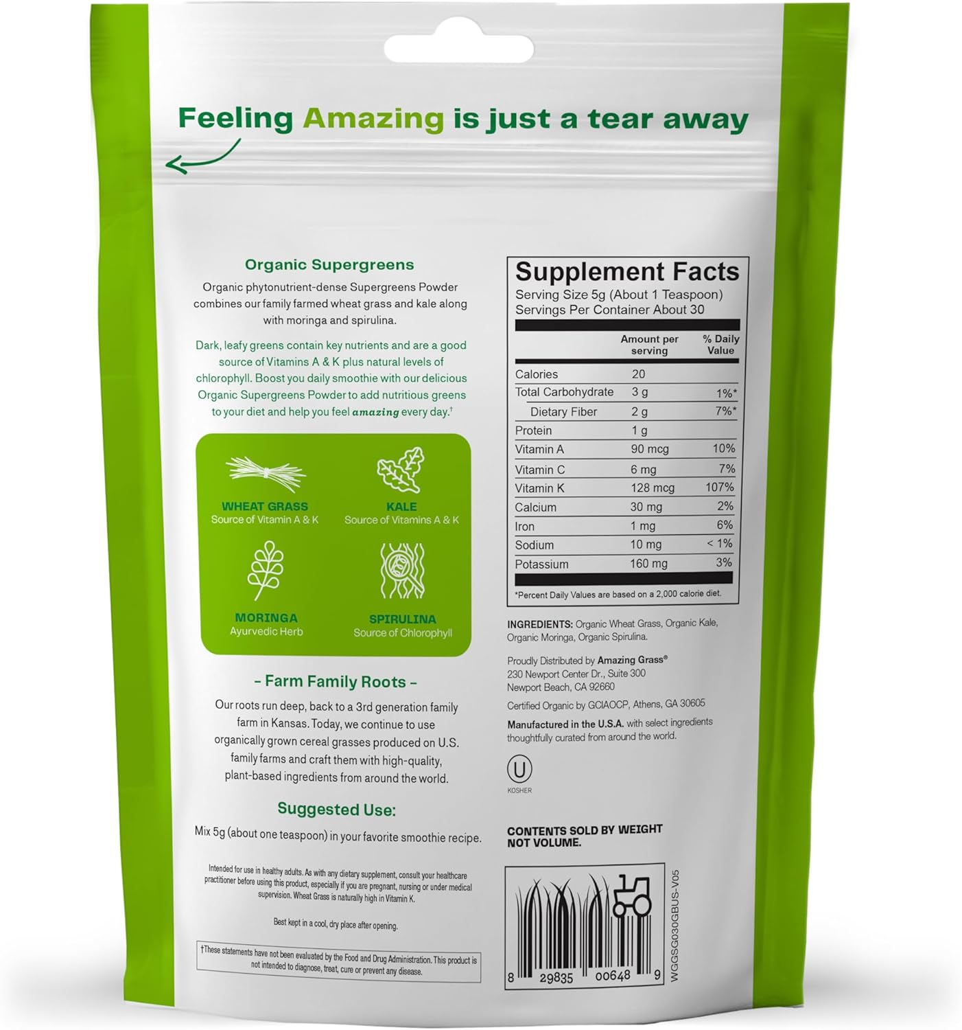Super Greens Booster Powder: Spirulina, Moringa, Wheat Grass, Kale, Chlorophyll - 30 Servings