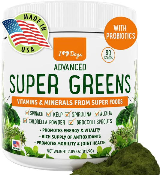 Super Greens for Dogs with Broccoli Sprouts & Spirulina Powder - Boost Immune System & Fight Allergies - Nutrient-Rich Dog Supplement with Vitamins & Antioxidants