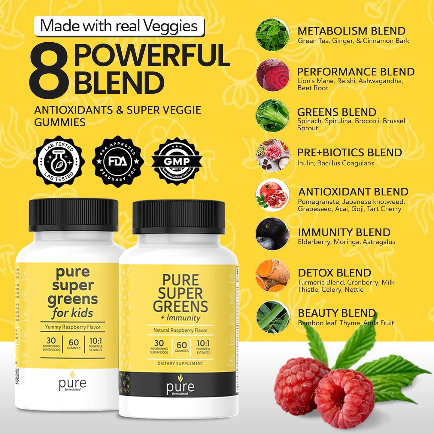 Super Greens Multivitamin Gummies for Adults - Immune Support with 30 Superfoods - Vegan Raspberry Flavor - 60 Gummies